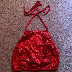 Red, Cropped, Sequined Top.